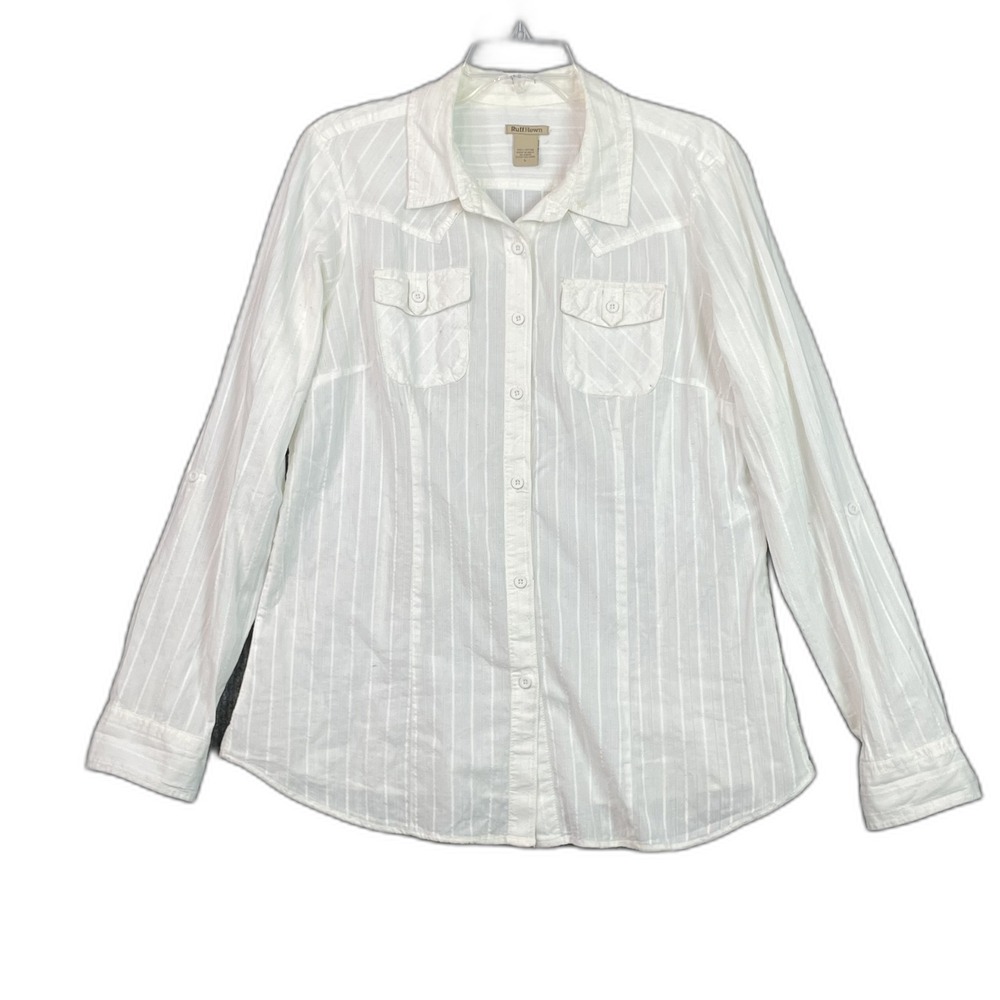 Ruff Hewn Western Shirt Womens L White Cotton Cowgirl Long Sleeve Riding Rodeo